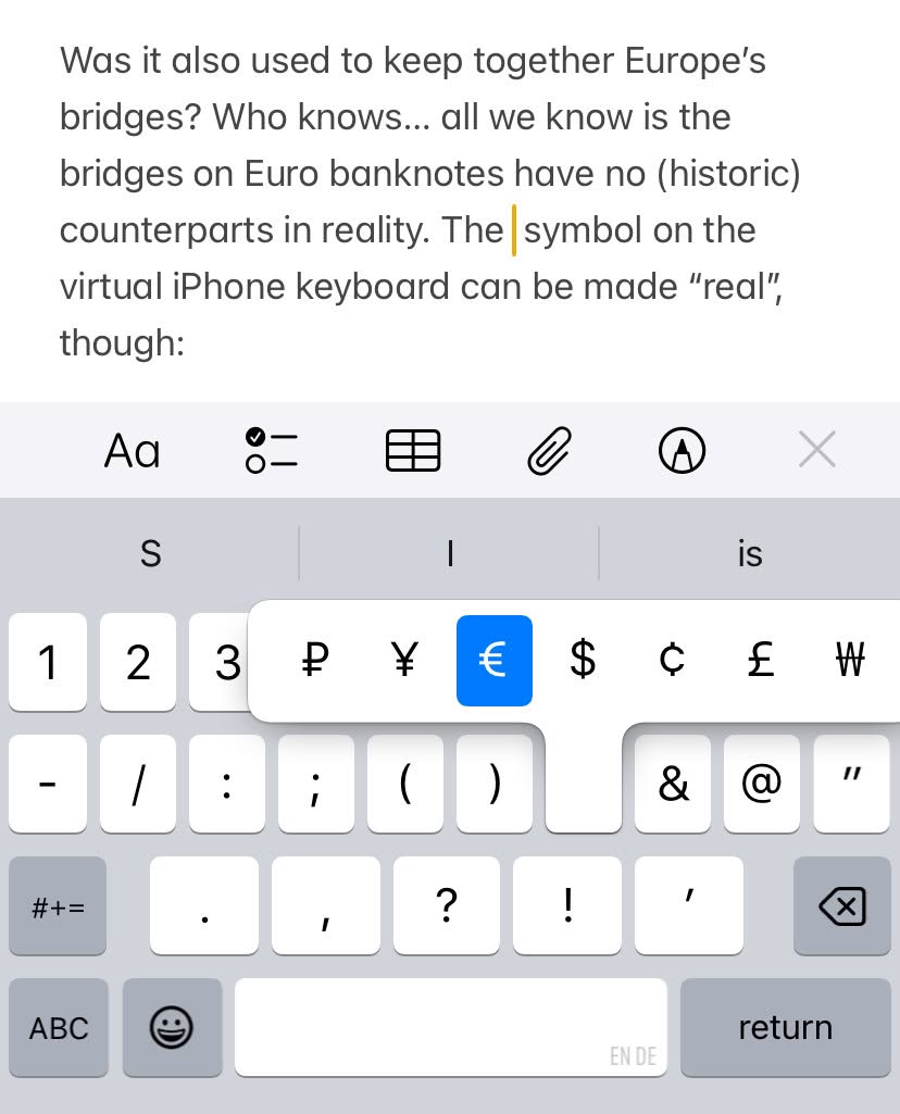 Inserting the Euro Symbol (€) with the iPhone keyboard