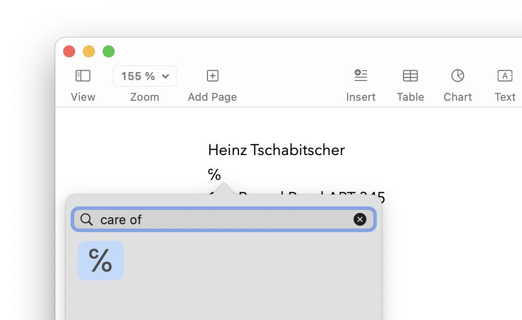 Inserting the symbol for c/o (℅) on a Mac using the emoji picker