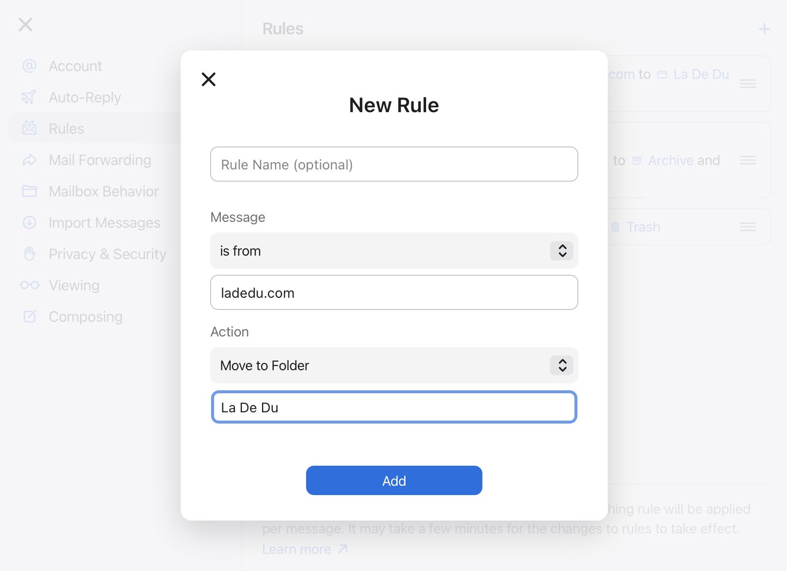 Setting up a new rule to move email automatically in iCloud Mail