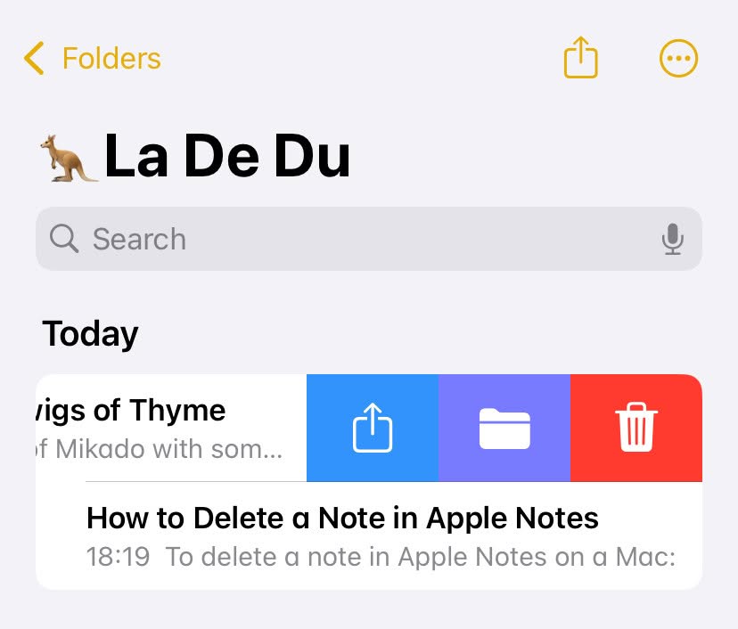 Swiping to delete in Apple Notes on an iPhone