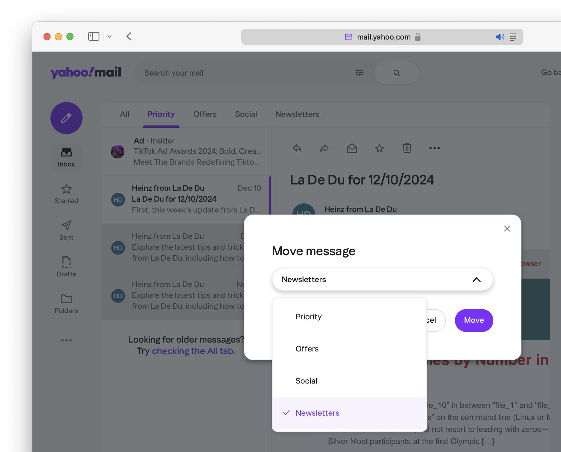 Choose the desired inbox tab and click “Move”