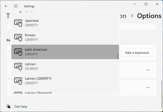 Choose the keyboard layout you want to add to Windows for the language