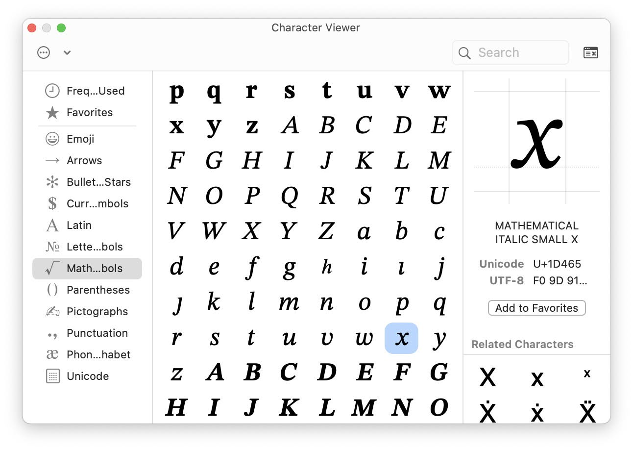 Choose the 'x’ you want to use for x bar in Mac Character Viewer’s mathematical symbols section
