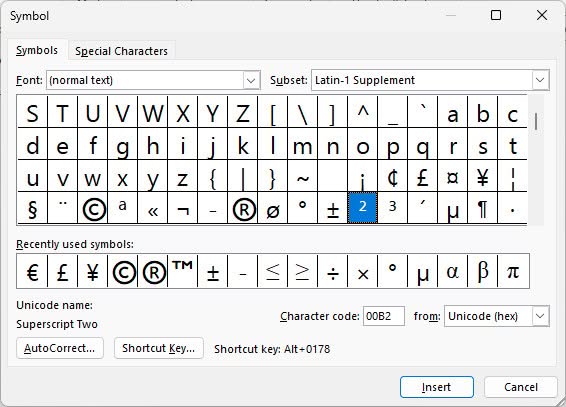 Inserting the symbol for “squared” using the Word “Symbol” dialog