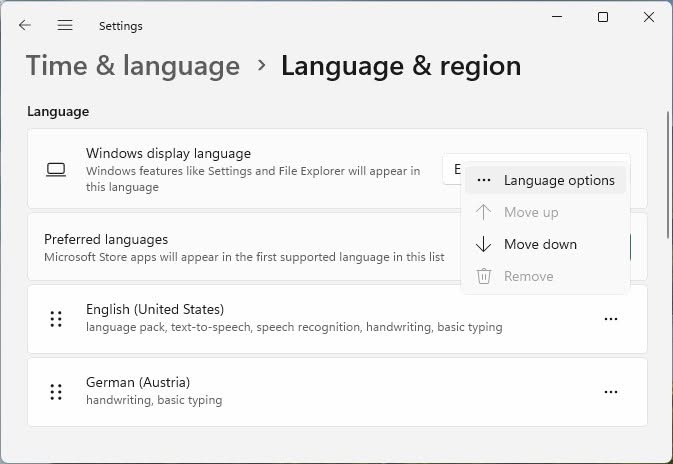 Select “Language options” to add a keyboard layout to Windows