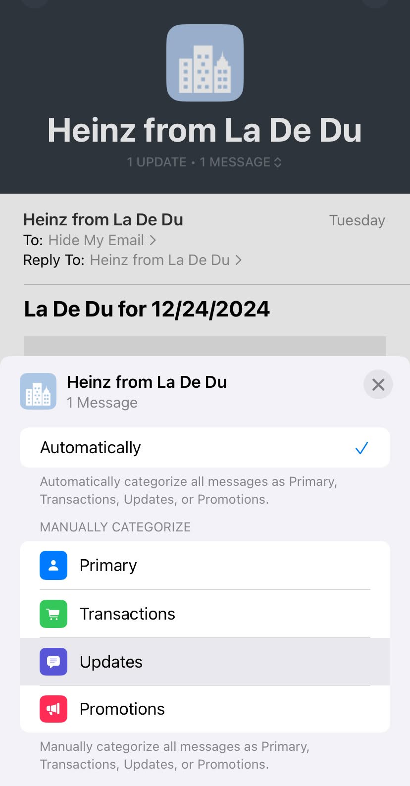 Choose the inbox category you want iPhone Mail to use for the sender’s emails