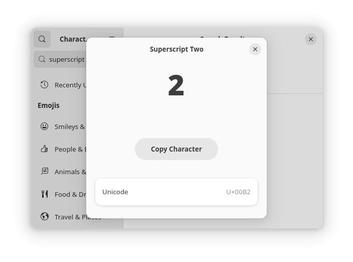 Copying the superscript 2 in Gnome Characters