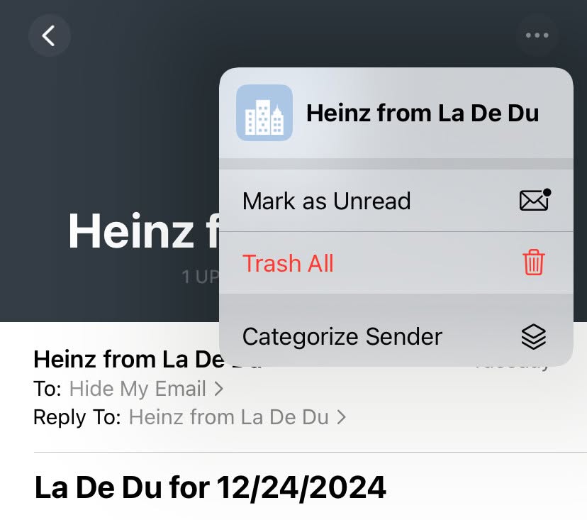 Select “Categorize Sender” to change how emails from a sender are handled in iPhone mail
