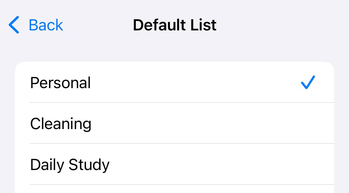 Choosing the default list in Apple Reminders for iOS