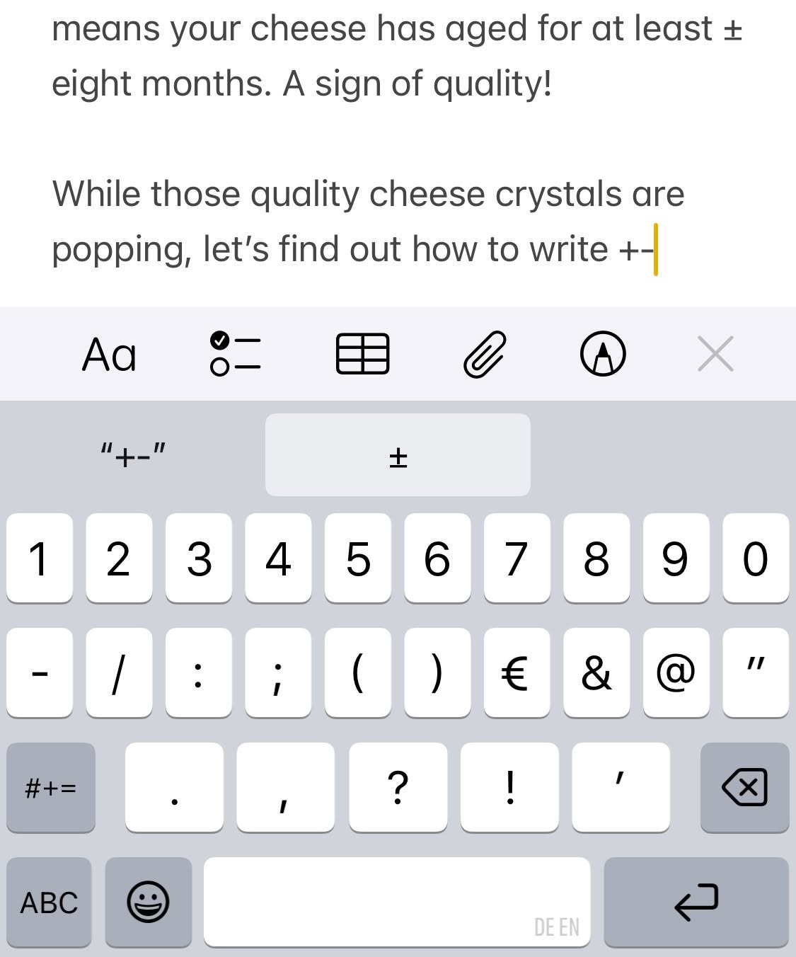 Inserting the plus over minus sign on an iPhone using text replacement