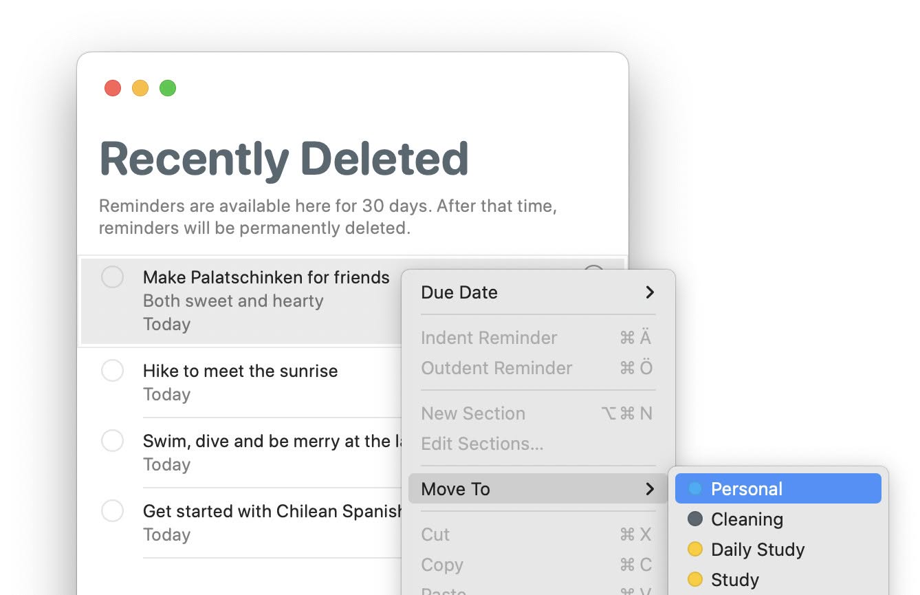 Restoring a deleted task in Apple Reminders for Mac