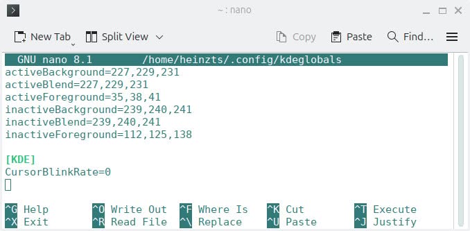 Add “CursorBlinkRate” to the KDE Linux configuration to disable cursor blinking