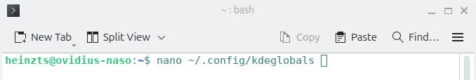 Opening the KDE configuration file for editing in nano