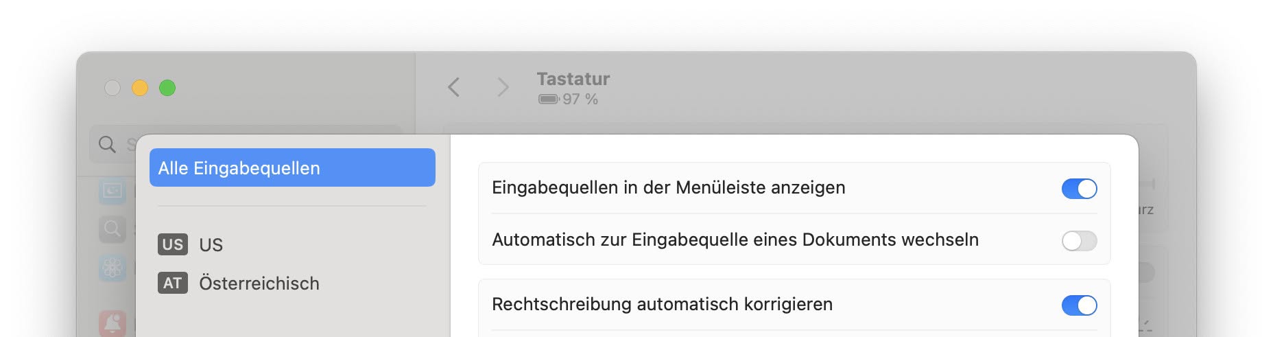 Schalten Sie „Eingabequellen in der Menüleiste anzeigen“ ein, um die Tastatursprach im Mac Menü zu ändern