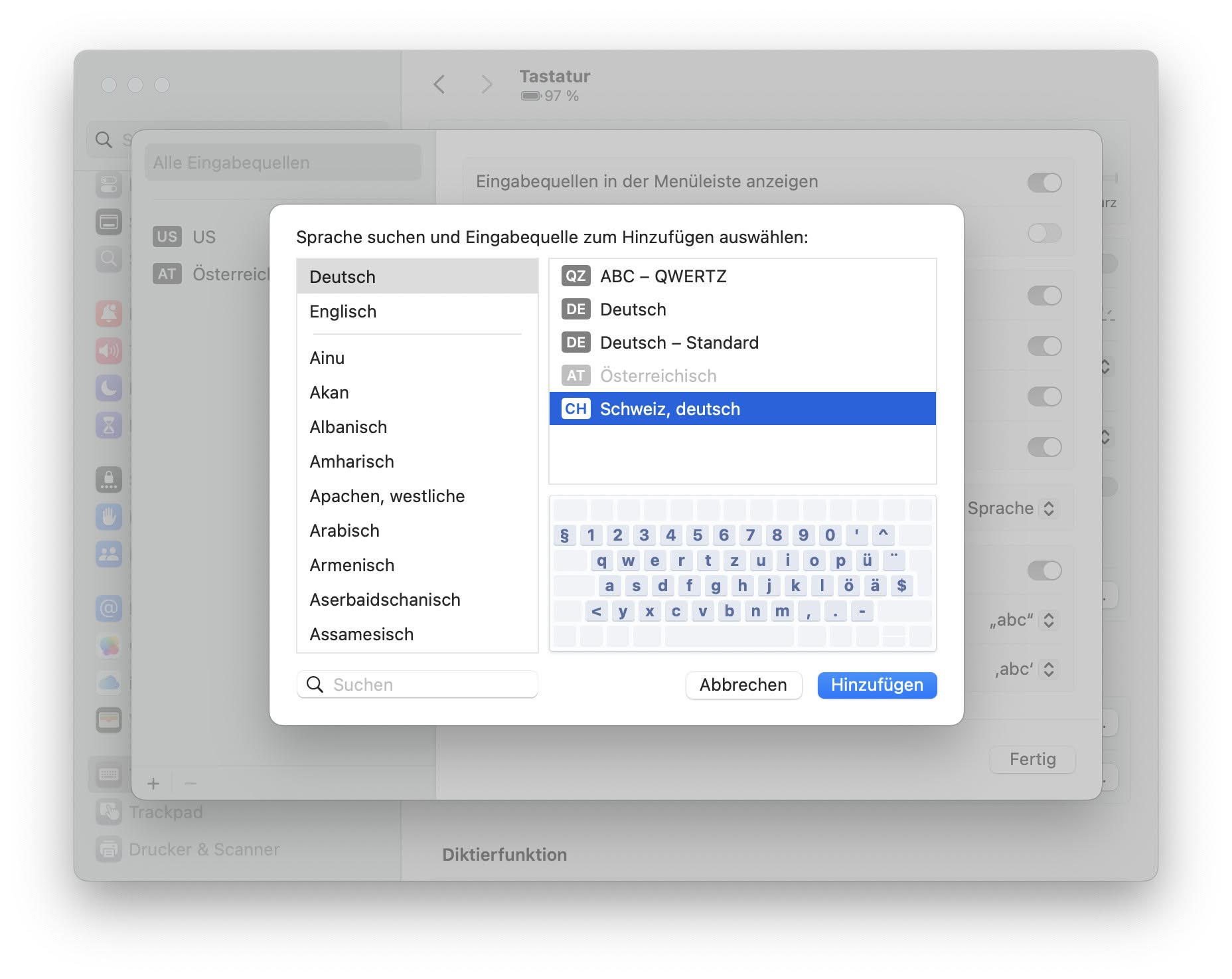 Sie können weitere Sprachen und Tastaturlayouts zum Mac hinzufügen