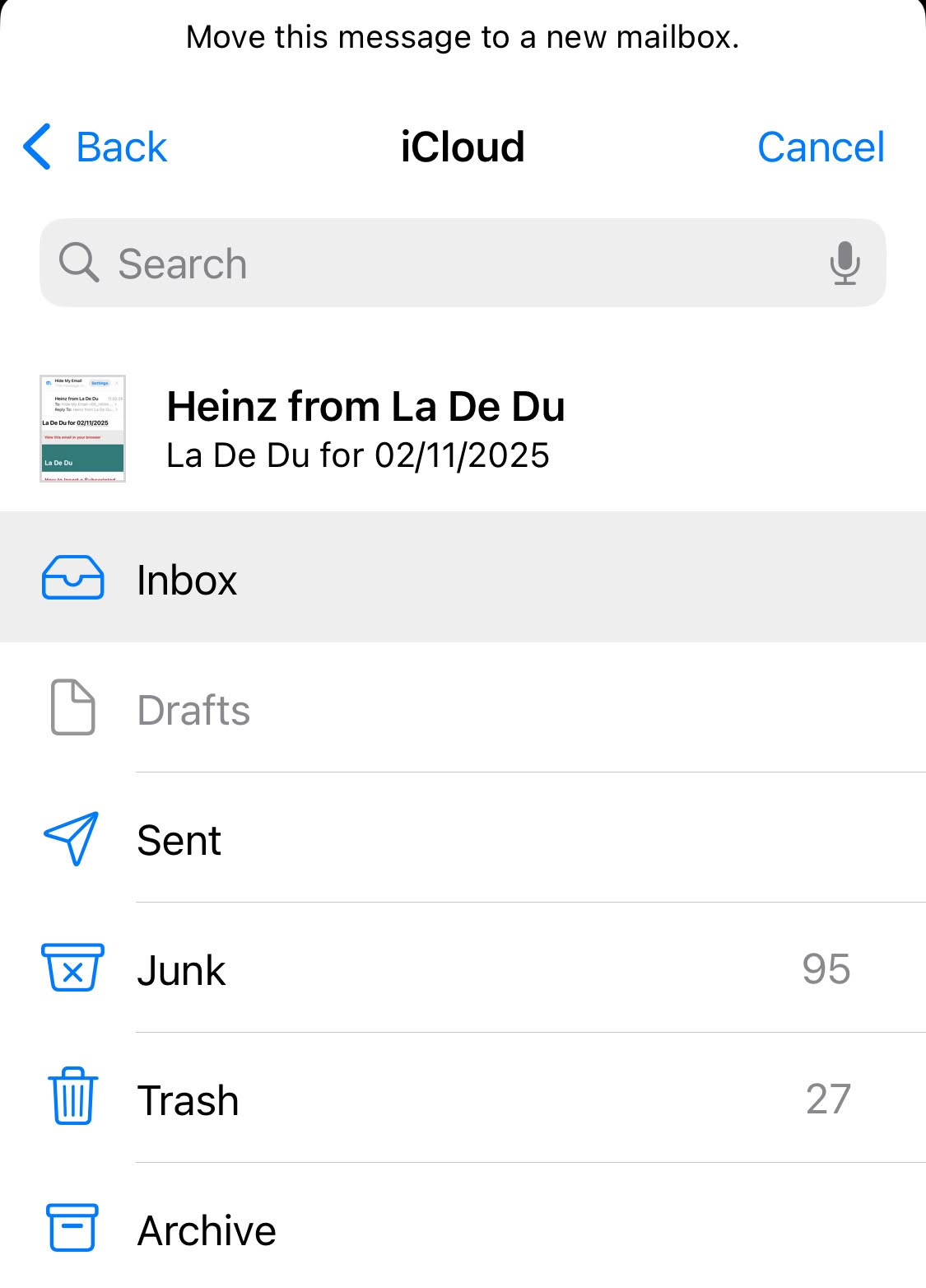Choose the destination folder for moving an email in iPhone mail