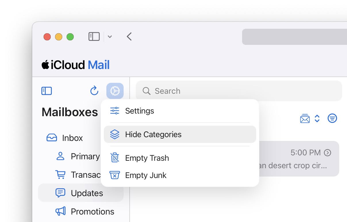 Hiding inbox categories in iCloud Mail at iCloud.com