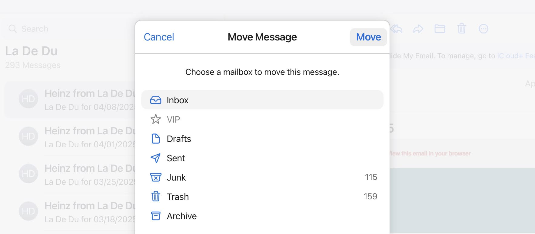 Move an email to the iCloud Mail Inbox so you can classify its sender for inbox categories