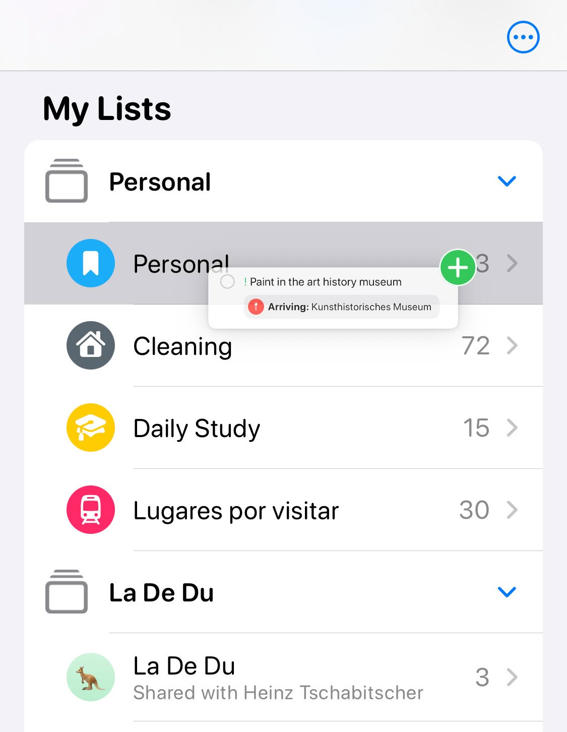 Moving (not copying) a task to another list using dragging and dropping in Apple Reminders for iPhone