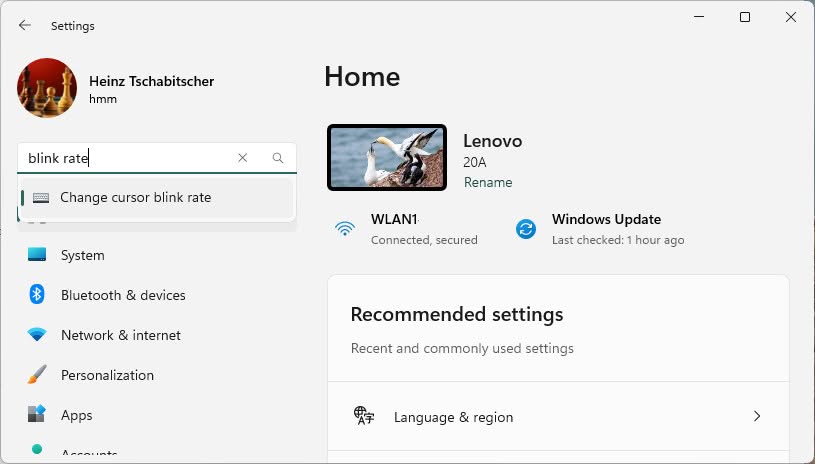 Select “Change cursor blink rate” to access keyboard properties in Windows