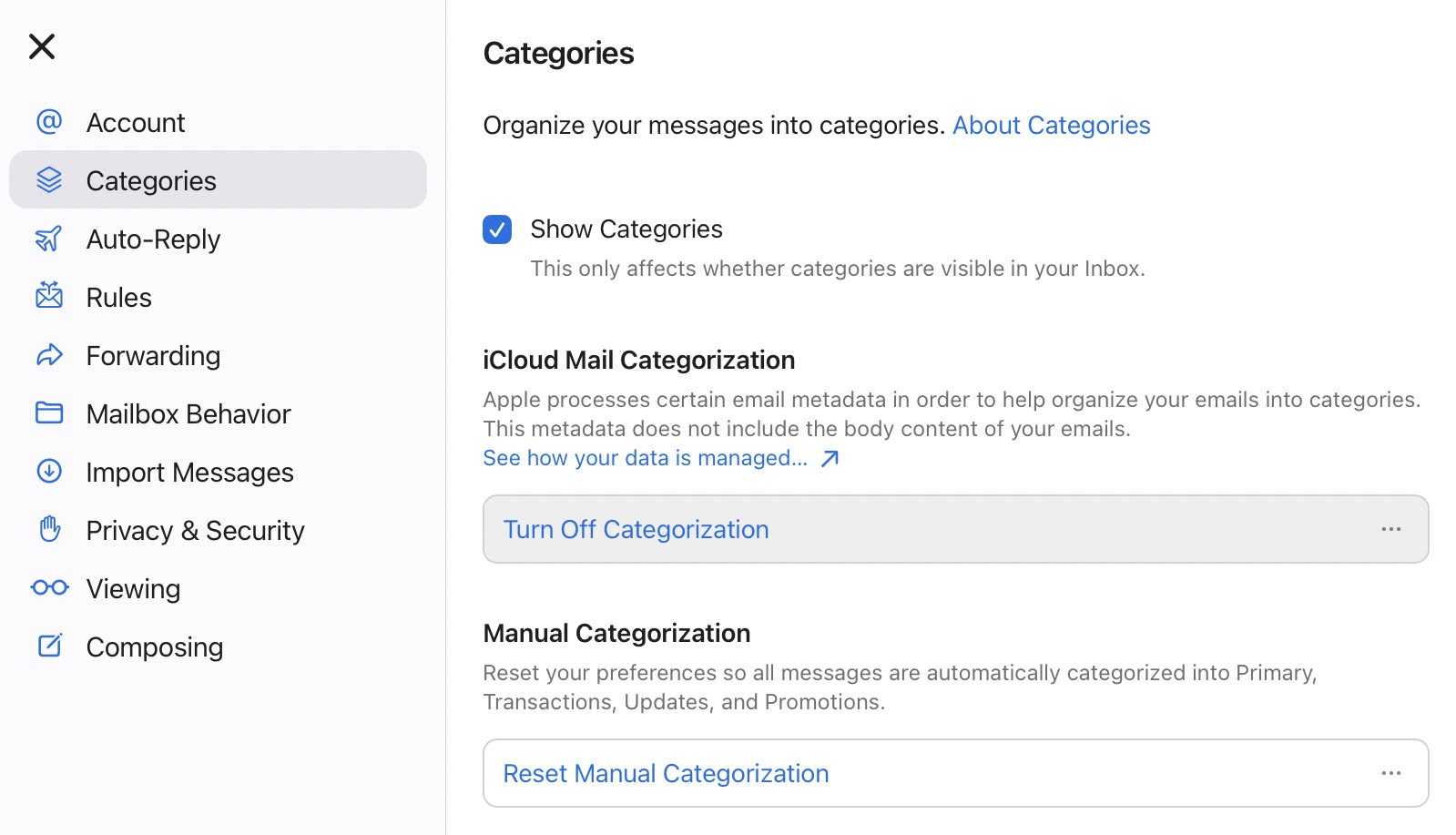 Select “Turn Off Categorization” in iCloud Mail settings