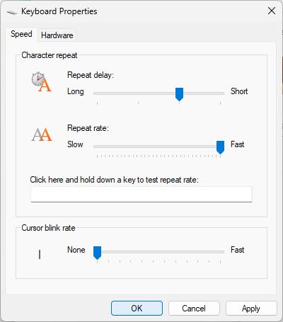 Set “Cursor blink rate” to “None” to turn off cursor blinking in Windows