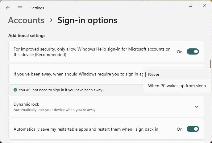 Choose “Never” to set up your own Windows 11 log-in timeout using a screensaver