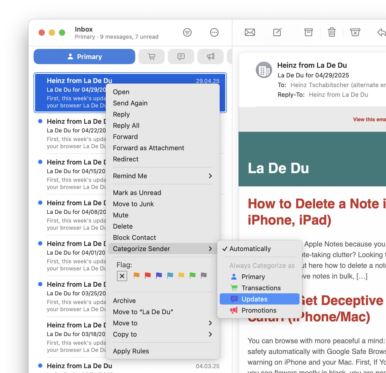 Choose the inbox category you want Mail to use for a sender