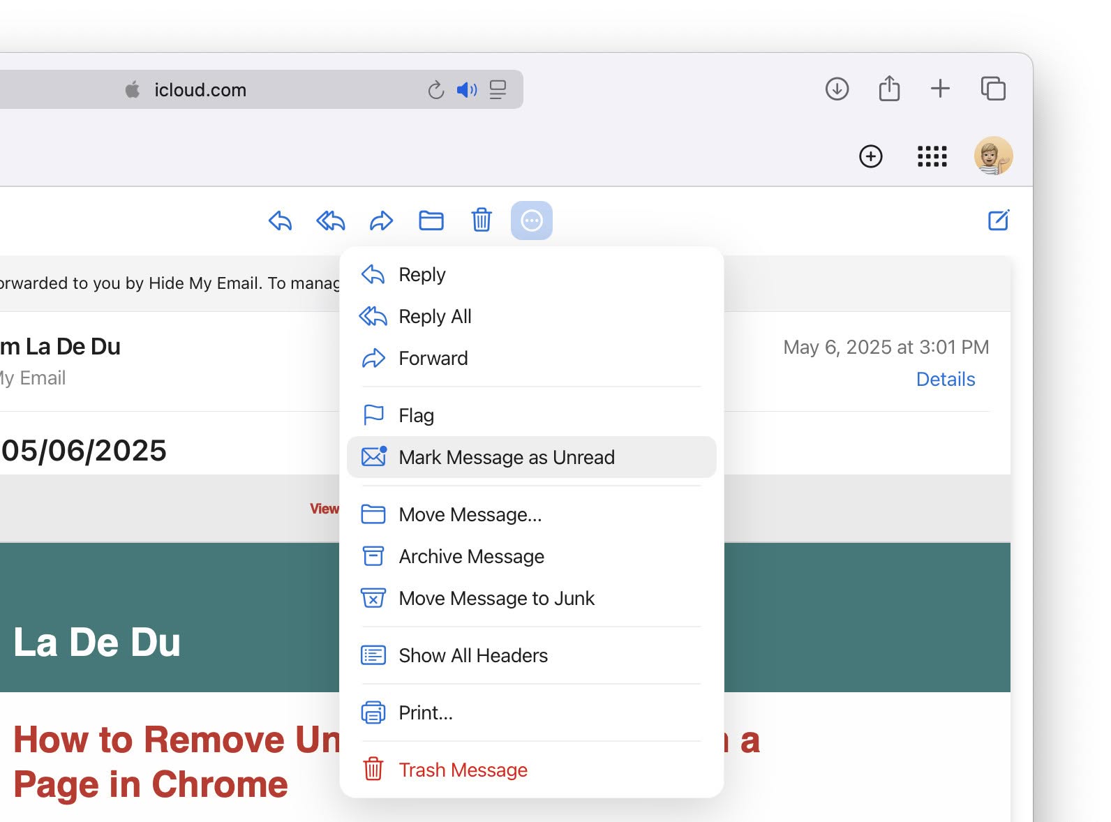 Select “Mark Message as Unread” from the menu to mark unseen in iCloud Mail at iCloud.com
