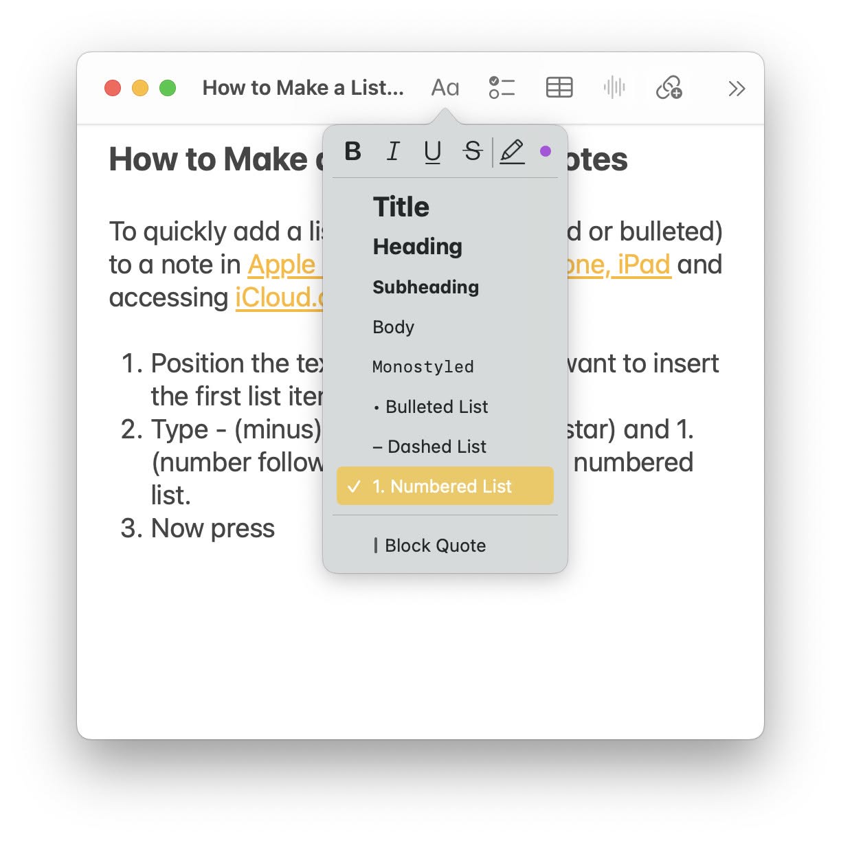 Using the toolbar to add a numbered list in Apple Notes
