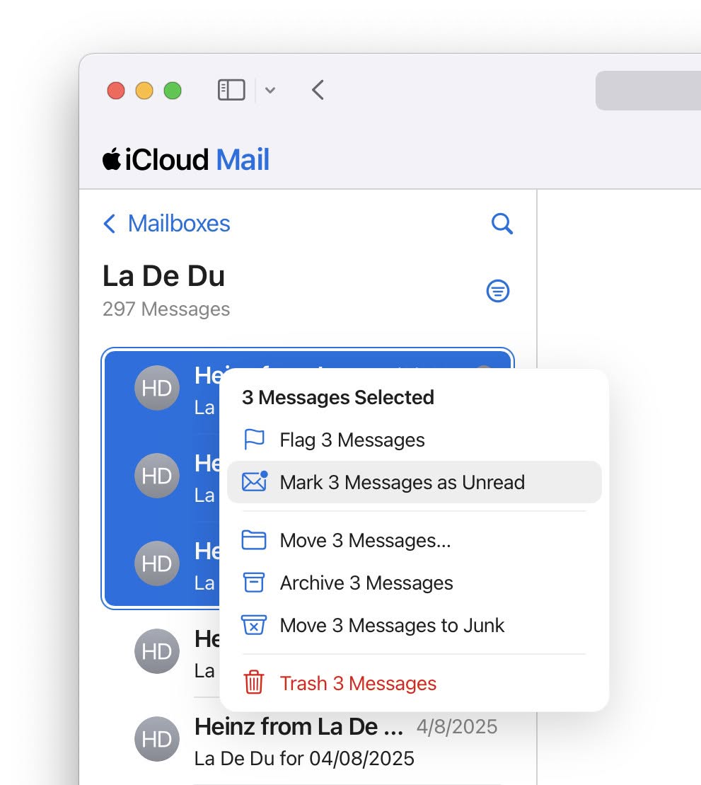 You can mark unread in iCloud Mail from the message list