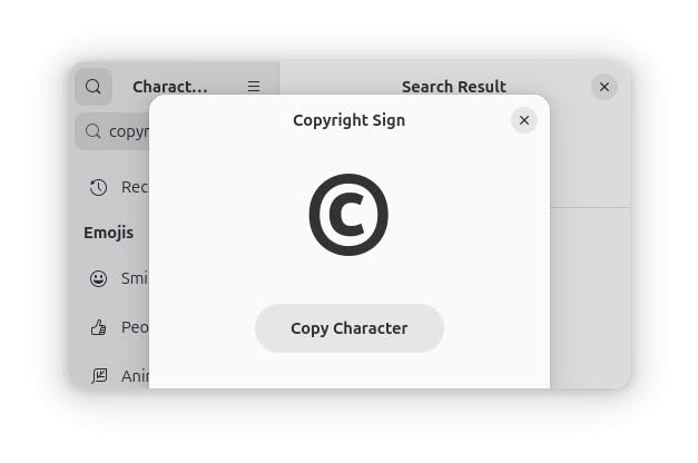 Copying the copyright sign in the Gnome Linux Characters application