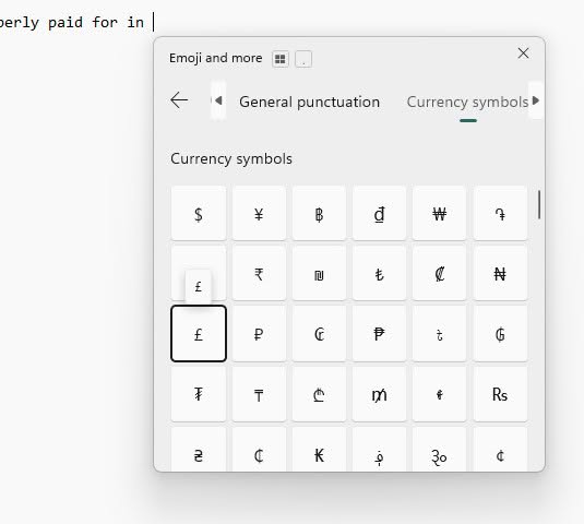 Inserting the pound sterling symbol using the Windows emoji panel
