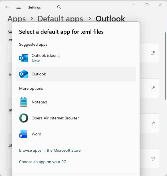 Making Outlook the default app for .eml files