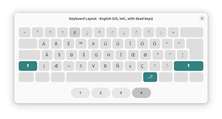 The pound sterling symbol { £ } on the Linux US-International English keyboard layout