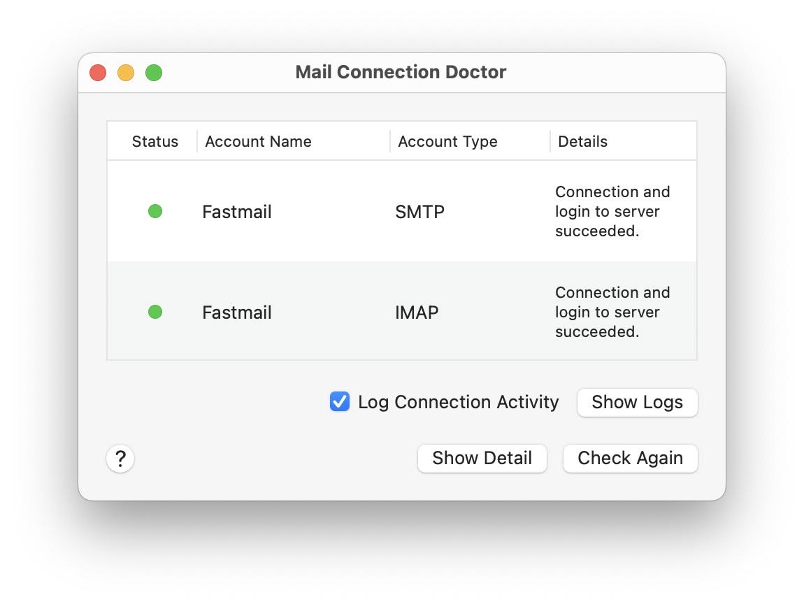 Check “Log Connection Activity” to create a logfile of IMAP and SMTP email traffic in Apple Mail for Mac