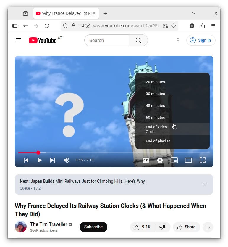 Choose the desired running time to set a sleep timer in YouTube