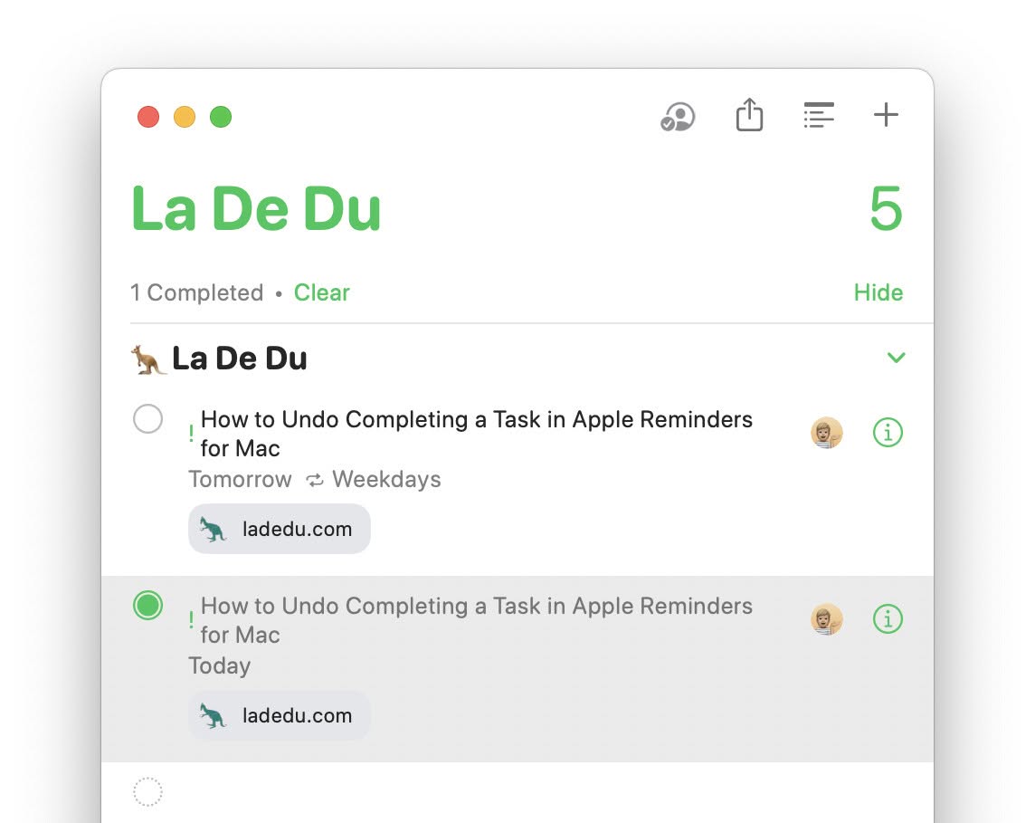 Click the completion circle to mark a completed task undone in Apple Reminders for Mac