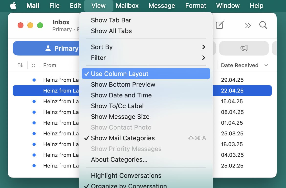 Column view also disables message preview inside lists in Apple Mail for Mac