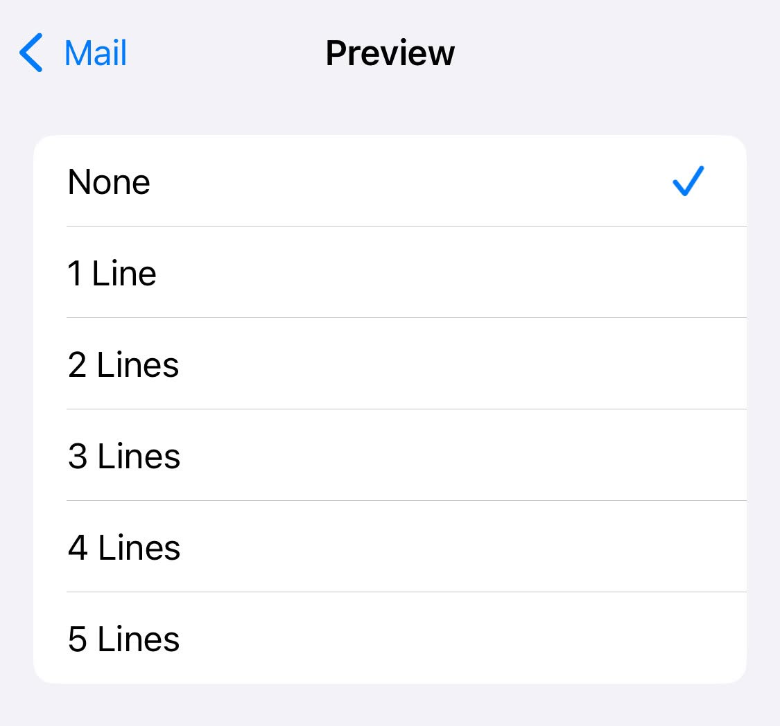 Disabling email body preview for Apple Mail message lisis on iPhone