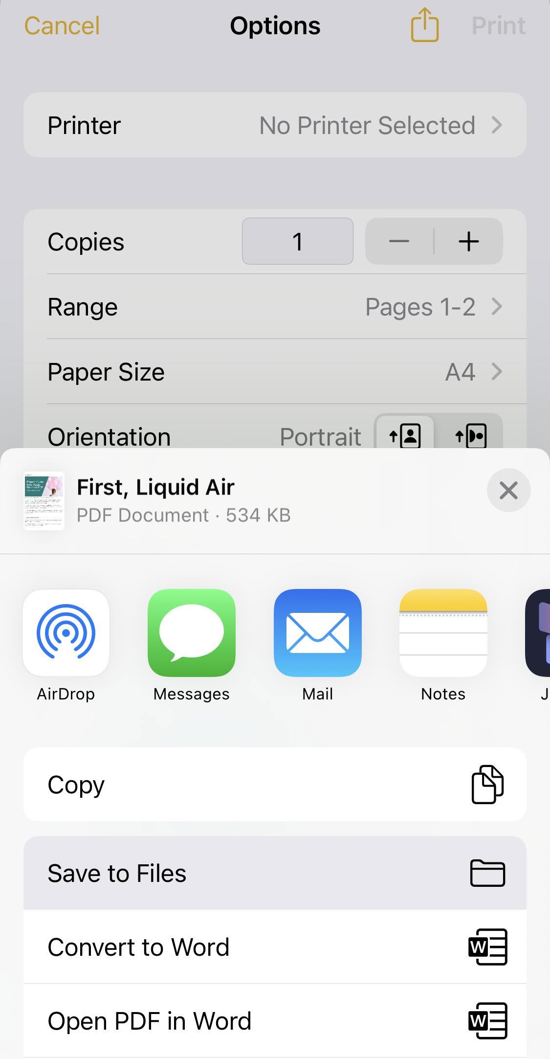 Exporting a note to PDF from the printing sheet in Apple Notes for iPhone