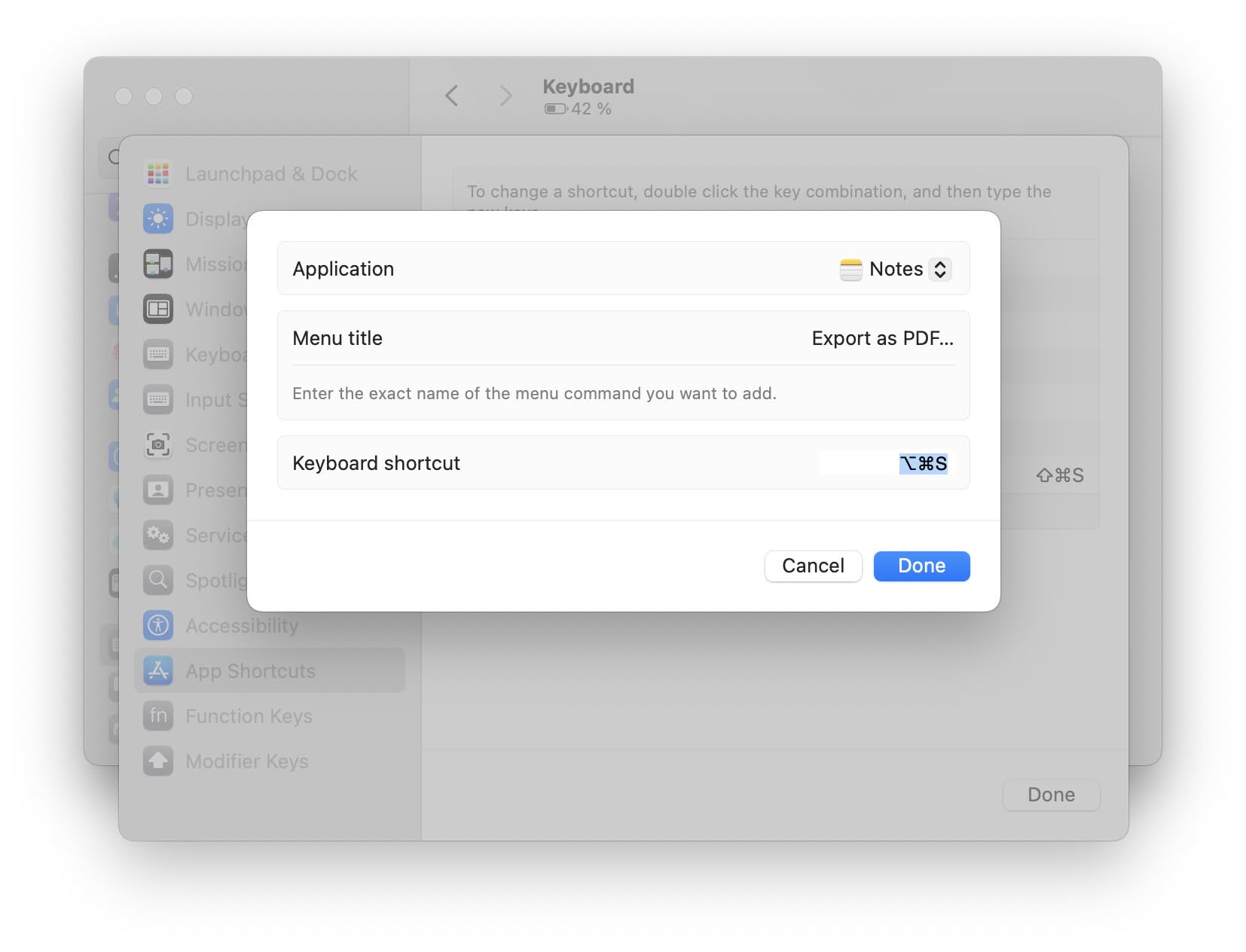 Setting up a keyboard shortcut for exporting to PDF in Notes for macOS