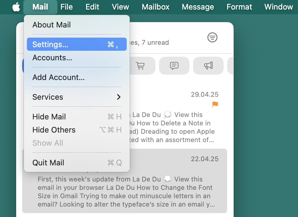 Start with opening settings to remove preview lines from emails inside message lists in Apple Mail for Mac
