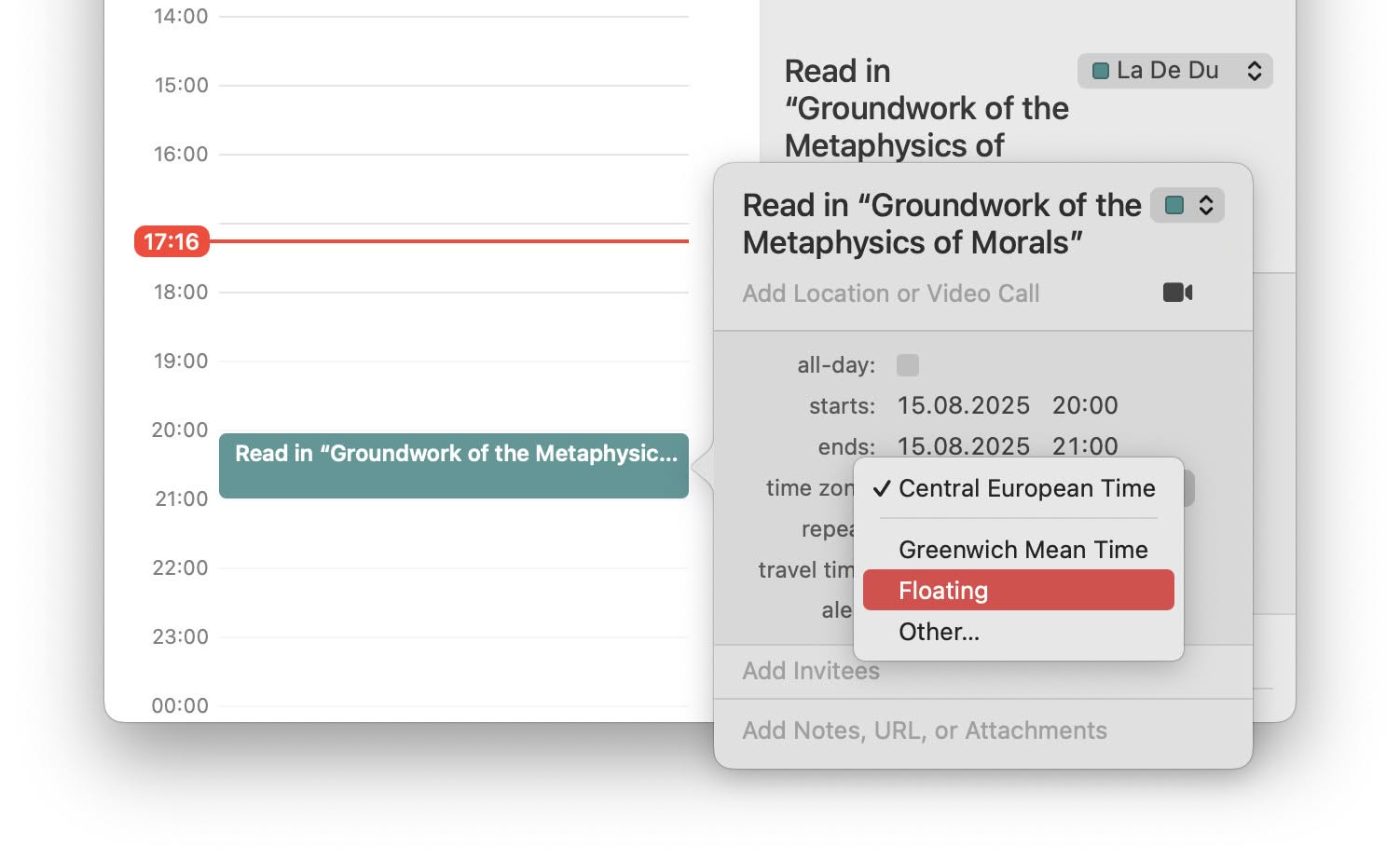 A floating, always-local event in Apple Calendar