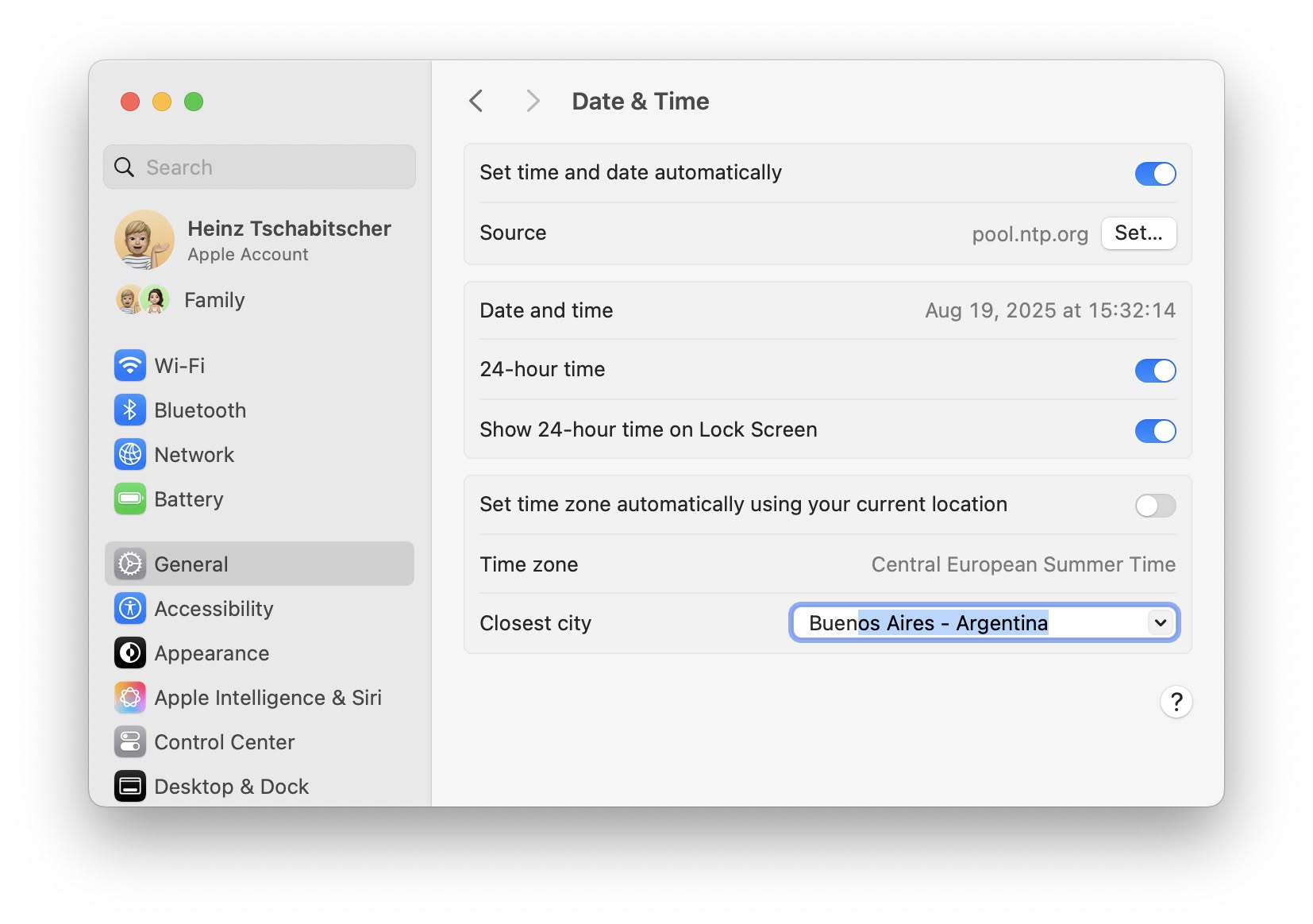Changing the time zone on a Mac using macOS System Settings