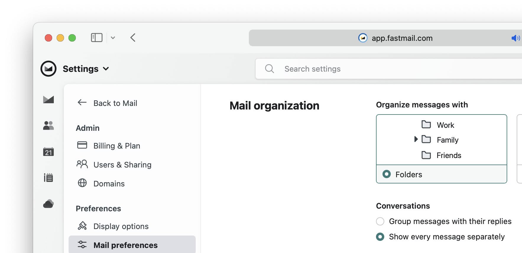 Choose “Show every message separately” to disable conversation grouping in Fastmail