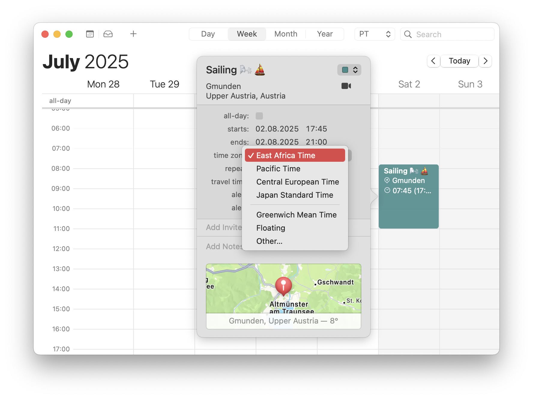 Choose a custom time zone for an event in Apple Calendar for Mac