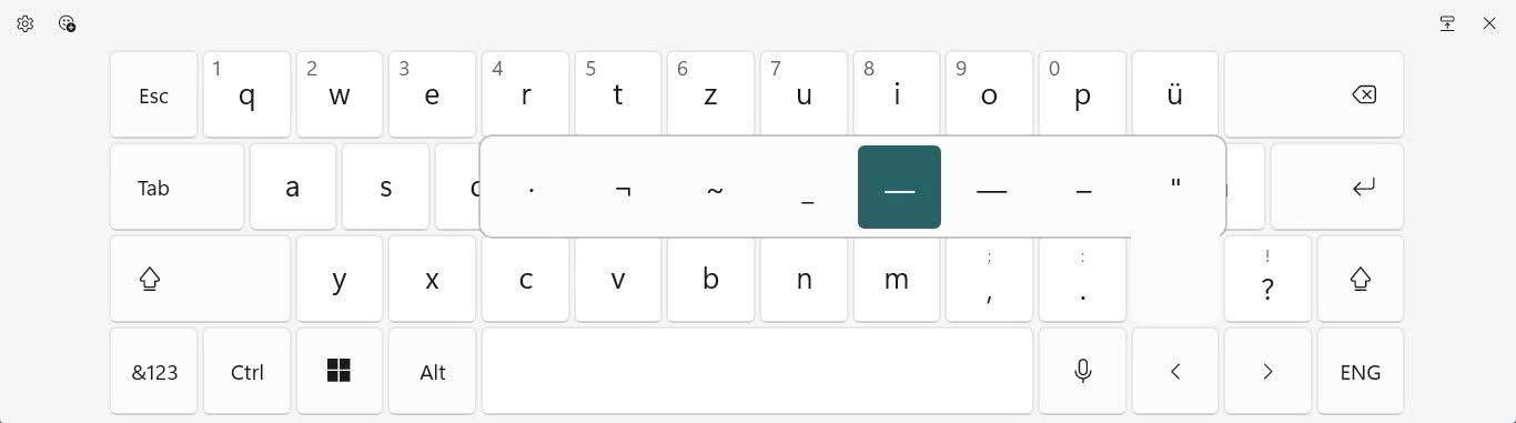 Inserting an em dash using the Windows on-screen thouch keyboard