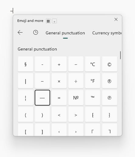 Locating the em dash in Windows emoji panel to insert anywhere