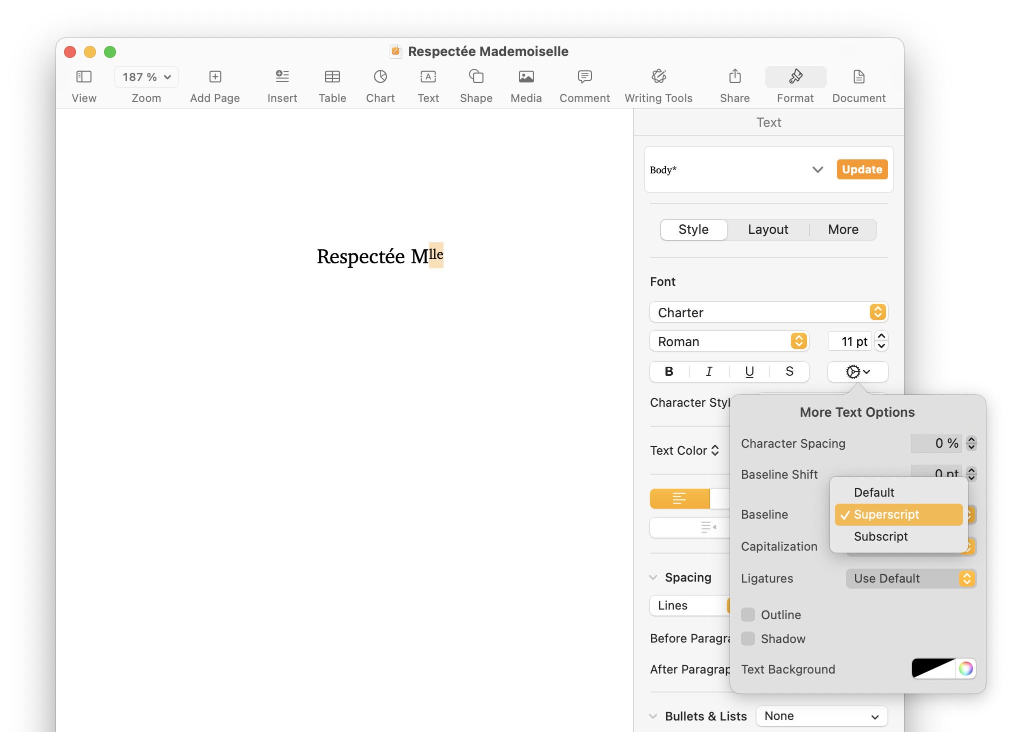 Making superscript characters in Apple Pages for Mac
